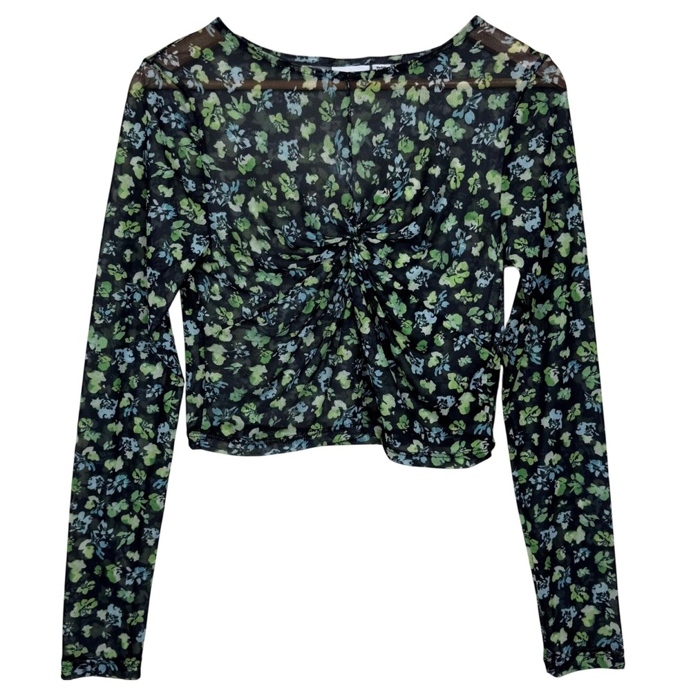 Noisy May Mesh Floral Twist Front Crop Top Y2K Sheer Womens Medium Green Black